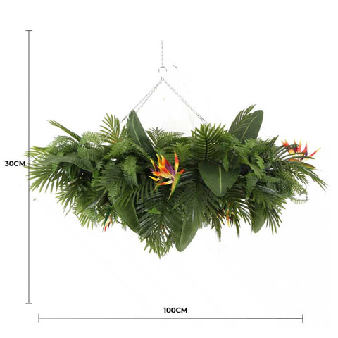 Artificial Hanging Plant Arrangement With Tropical Flowers in a Rectangular Arrangement 100cm x 30cm Mesh + Foliage