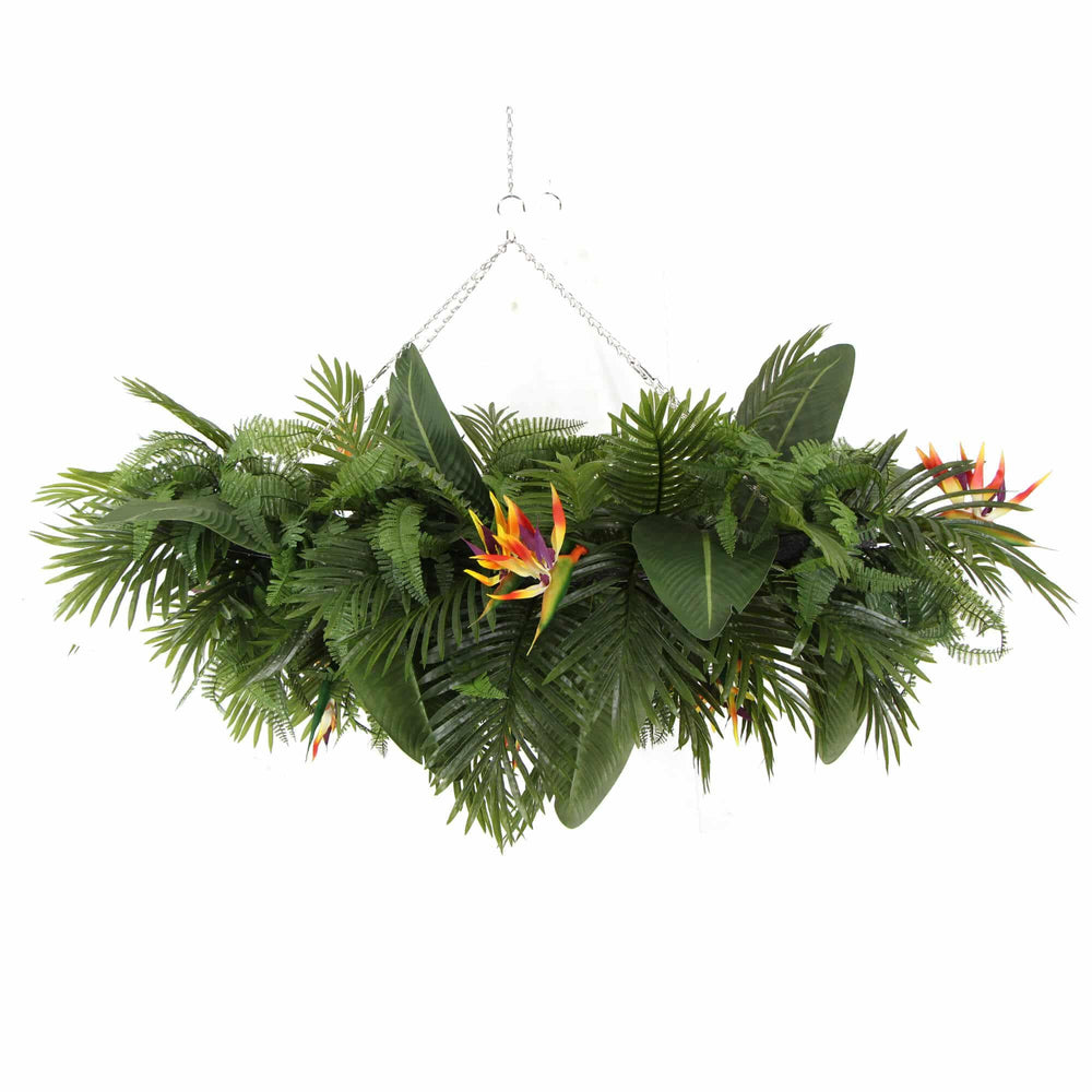 Artificial Hanging Plant Arrangement With Tropical Flowers in a Rectangular Arrangement 100cm x 30cm Mesh + Foliage