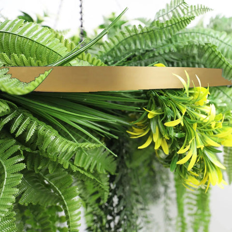 Gold Framed Roof Hanging Disc With Draping Life-Like Ferns and Plants 80cm UV Resistant