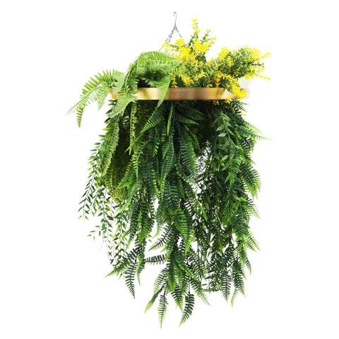 Gold Framed Roof Hanging Disc With Draping Life-Like Ferns and Plants 80cm UV Resistant