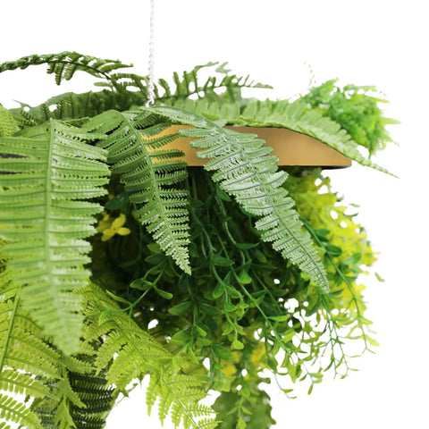 Gold Framed Roof Hanging Disc With Draping Life-Like Ferns and Plants 80cm UV Resistant