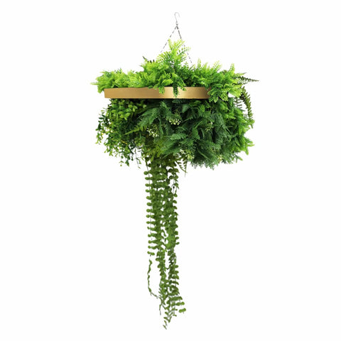 Gold Framed Roof Hanging Disc With Draping Life-Like Ferns and Plants 80cm UV Resistant