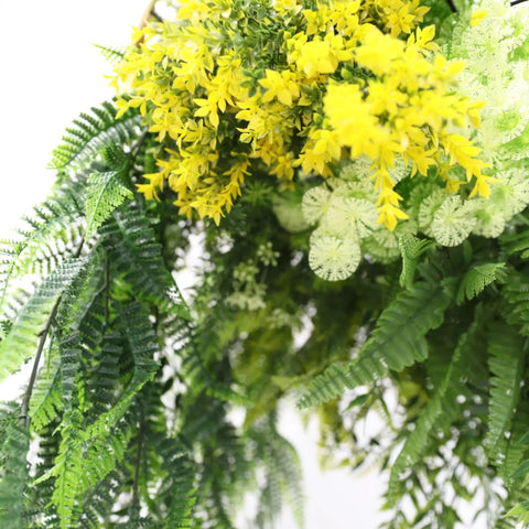 Gold Framed Roof Hanging Disc With Bright Tropical Foliage Mix and Draping Ferns 40cm UV Resistant