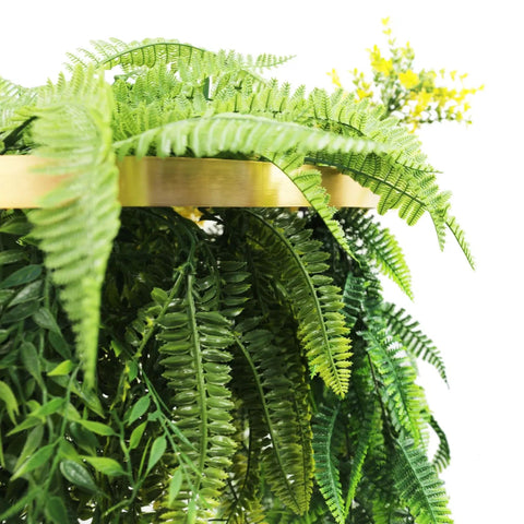 Gold Framed Roof Hanging Disc With Bright Tropical Foliage Mix and Draping Ferns 40cm UV Resistant