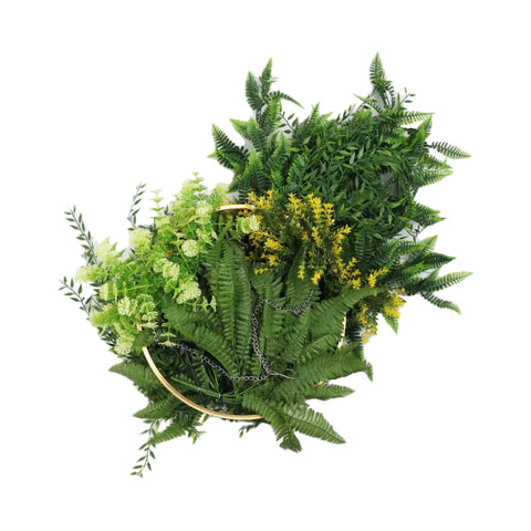 Gold Framed Roof Hanging Disc With Bright Tropical Foliage Mix and Draping Ferns 40cm UV Resistant