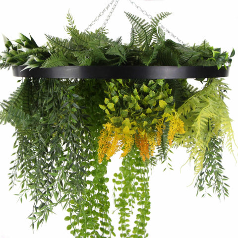 Black Framed Roof Hanging Disc with Draping Life-like Plants 40cm