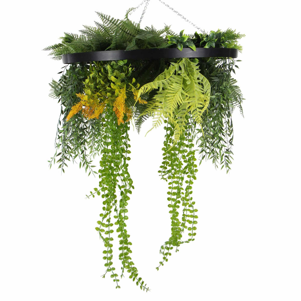 Black Framed Roof Hanging Disc with Draping Life-like Plants 40cm