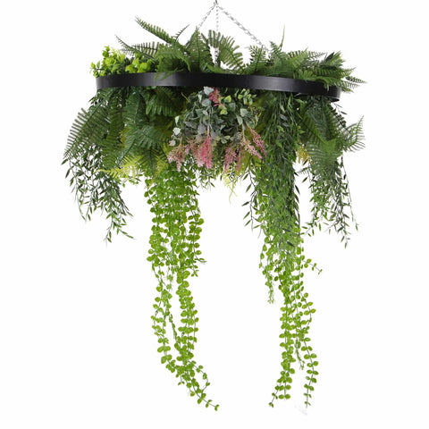 Black Framed Roof Hanging Disc with Draping Life-like Plants 60cm