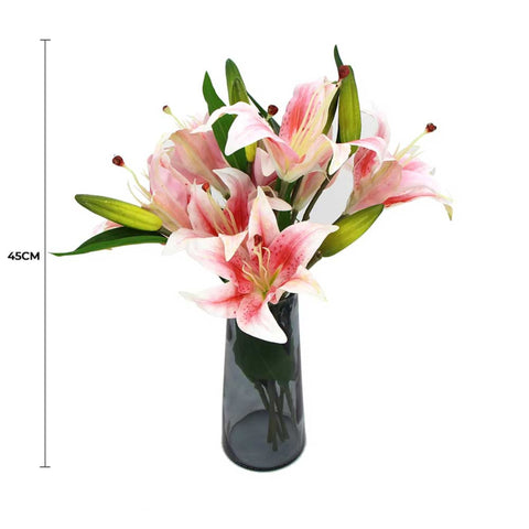 Premium Faux Pink Lily In Glass Vase (Artificial Tiger Lily Arrangement)