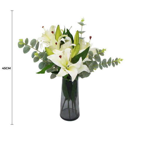 Premium Faux White Lily In Glass Vase (Tiger Lily Bouquet With Eucalyptus)