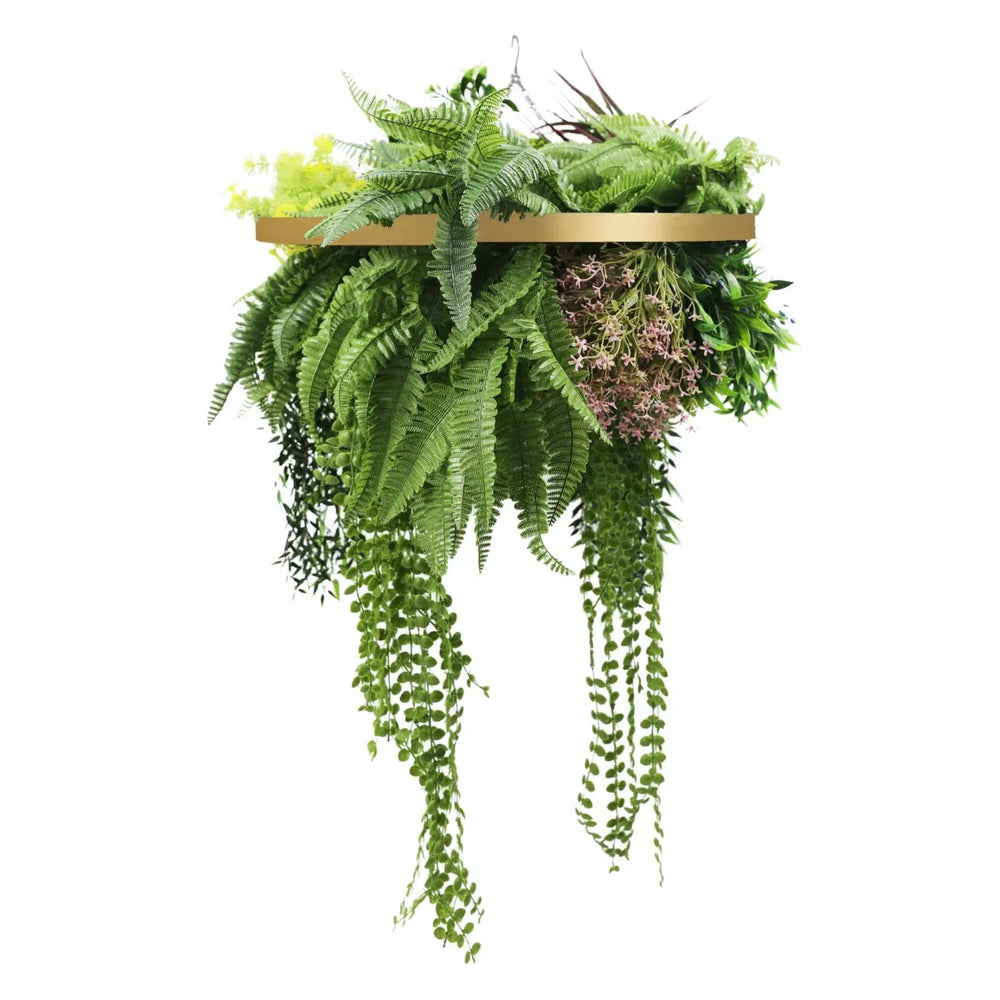 Elegant Gold Hanging Disc with Draping Ferns & Tropical Greenery – 60cm UV Protected - Designer Vertical Gardens artificial hanging basket artificial hanging fern