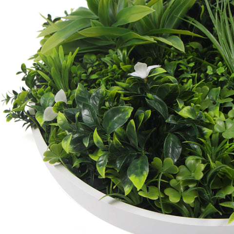 Flowering White Artificial Green Wall Disc UV Resistant 100cm (White Frame) - Designer Vertical Gardens Artificial vertical garden wall disc