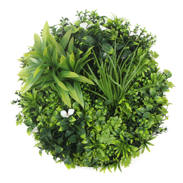 Flowering White Artificial Green Wall Disc UV Resistant 75cm (Black Frame) - Designer Vertical Gardens
